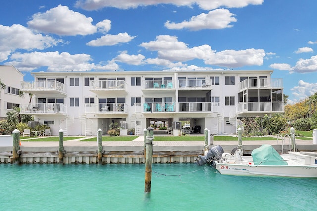 view of pool featuring a water view and a dock