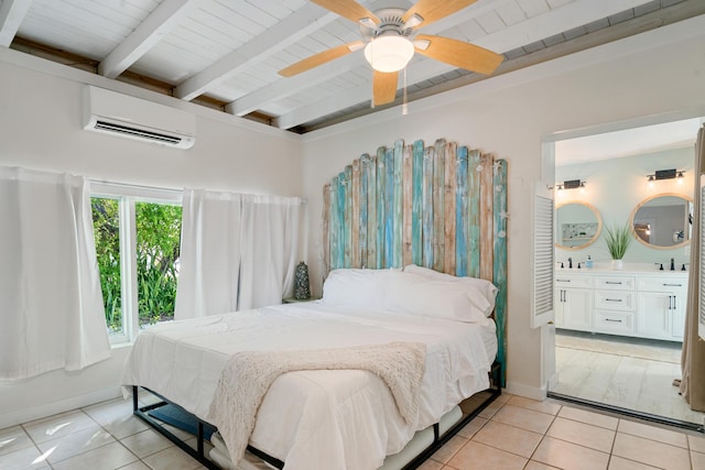 23 Seagate Blvd, Key Largo, FL 33037 - bedroom with a wall mounted air conditioner, light tile patterned flooring, ensuite bath, a ceiling fan, and wooden ceiling with exposed beams