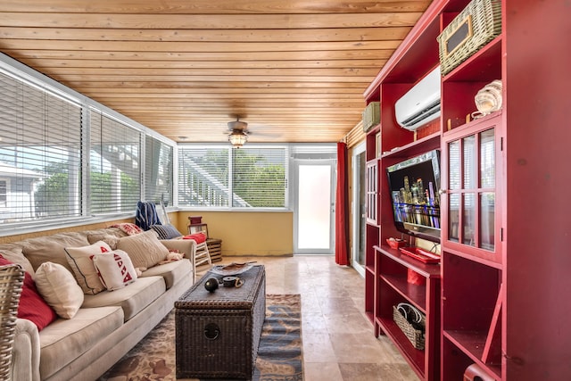 sunroom / solarium with an AC wall unit and wooden ceiling