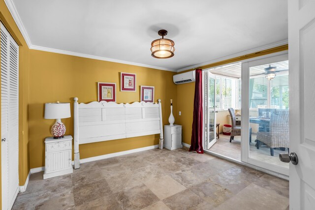 unfurnished bedroom featuring crown molding, access to outside, and a wall mounted air conditioner