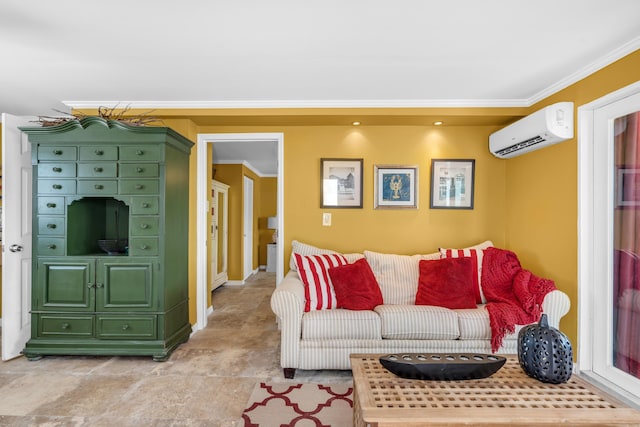 living room featuring ornamental molding and a wall unit AC