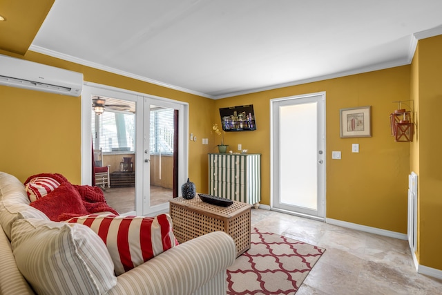 living room with crown molding, a wall mounted AC, and french doors