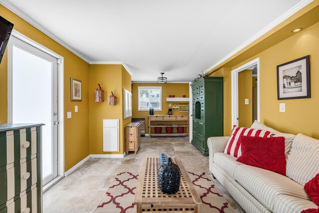 living room featuring ornamental molding