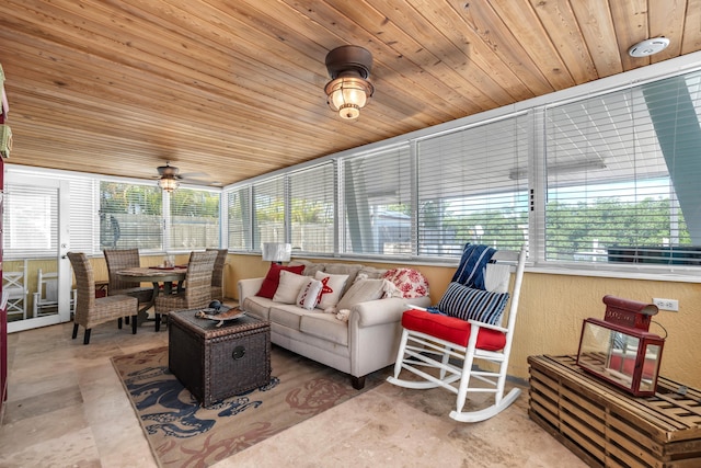 sunroom / solarium featuring ceiling fan and wood ceiling