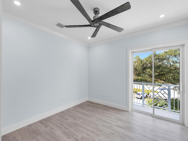 unfurnished room with crown molding, ceiling fan, and light hardwood / wood-style floors