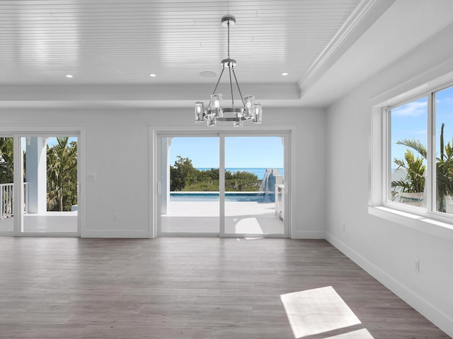 unfurnished dining area featuring a raised ceiling, hardwood / wood-style flooring, a wealth of natural light, and an inviting chandelier