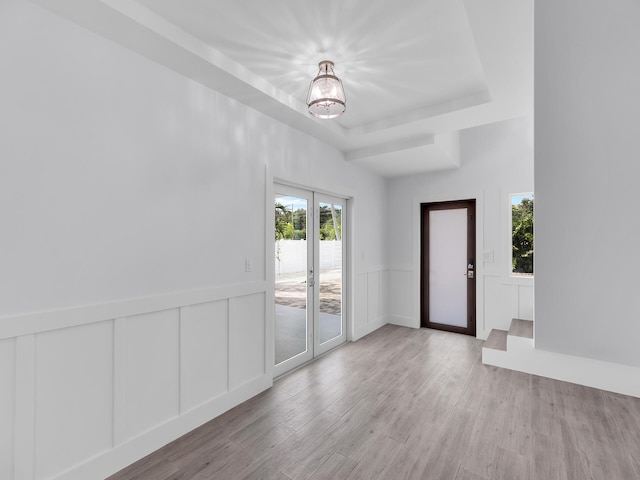 empty room with a raised ceiling and light wood-type flooring