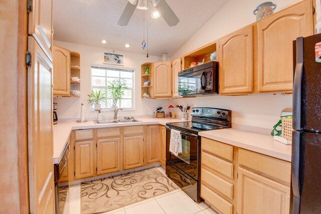 306 N Anglers Dr Unit B, Marathon, FL 33050 - kitchen featuring black appliances, open shelves, light brown cabinetry, light countertops, and light tile patterned floors