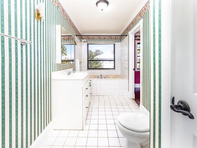 full bathroom featuring vanity, toilet, tile patterned flooring, and plus walk in shower