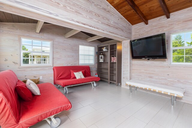 living room with lofted ceiling with beams, wooden ceiling, and wood walls