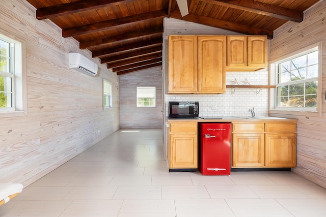 kitchen with a wealth of natural light, a wall mounted air conditioner, wooden ceiling, and wooden walls