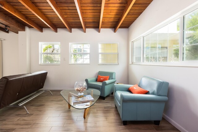 living area featuring dark hardwood / wood-style flooring, beam ceiling, and wooden ceiling