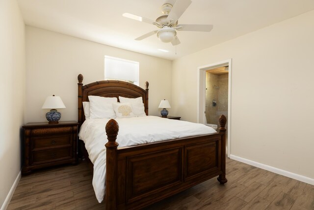 bedroom with dark hardwood / wood-style floors and ceiling fan