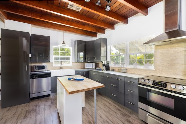 kitchen featuring sink, stainless steel appliances, a kitchen island, decorative light fixtures, and wall chimney exhaust hood