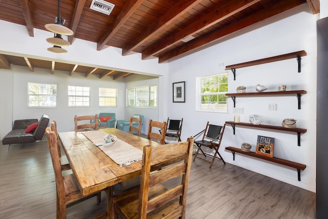 dining space featuring beam ceiling, wood ceiling, and dark hardwood / wood-style floors