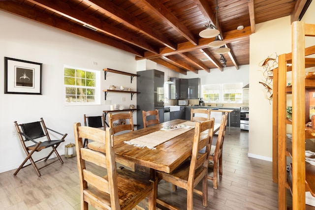 dining room with wood ceiling, light hardwood / wood-style floors, and beamed ceiling