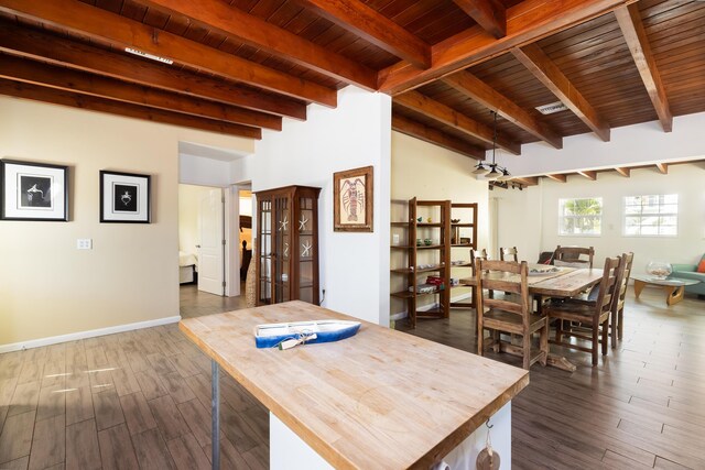 dining space with dark hardwood / wood-style flooring, beam ceiling, and wooden ceiling