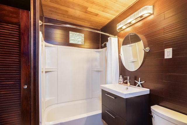 full bathroom with wood ceiling, vanity, shower / bath combination with curtain, toilet, and wood walls