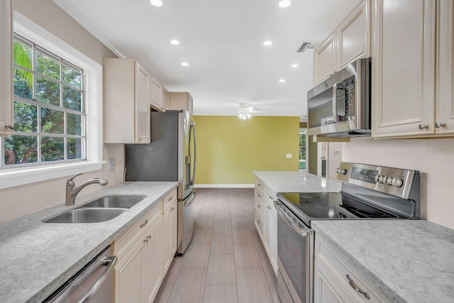 kitchen with sink, ceiling fan, and appliances with stainless steel finishes