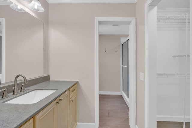 bathroom featuring vanity, crown molding, and a shower with shower door