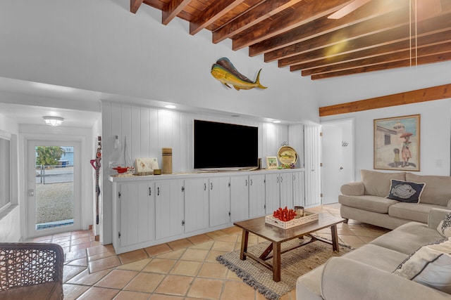 tiled living room with wood ceiling and beam ceiling