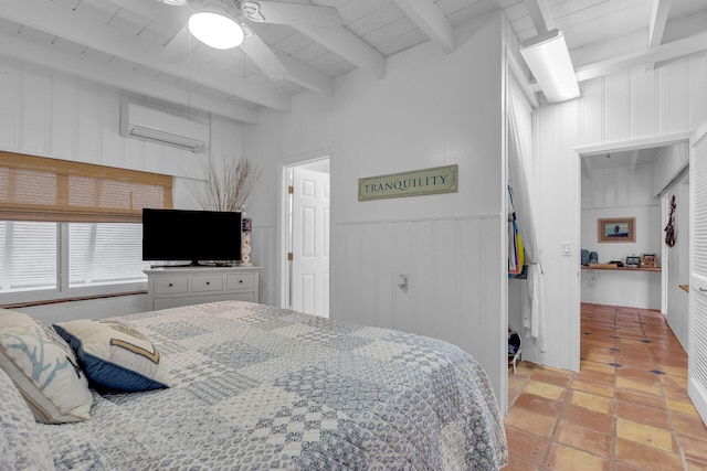 bedroom featuring ceiling fan, an AC wall unit, and beam ceiling