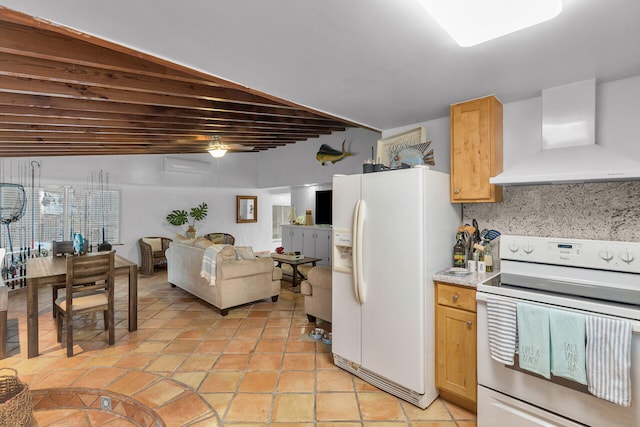 kitchen with beamed ceiling, backsplash, light tile patterned floors, wall chimney range hood, and white appliances