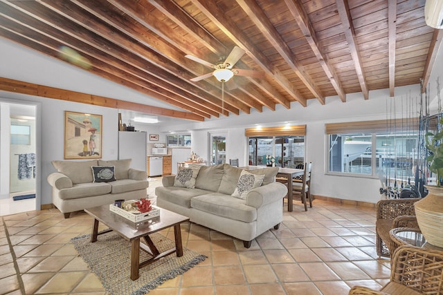 tiled living room featuring lofted ceiling with beams, wooden ceiling, and ceiling fan