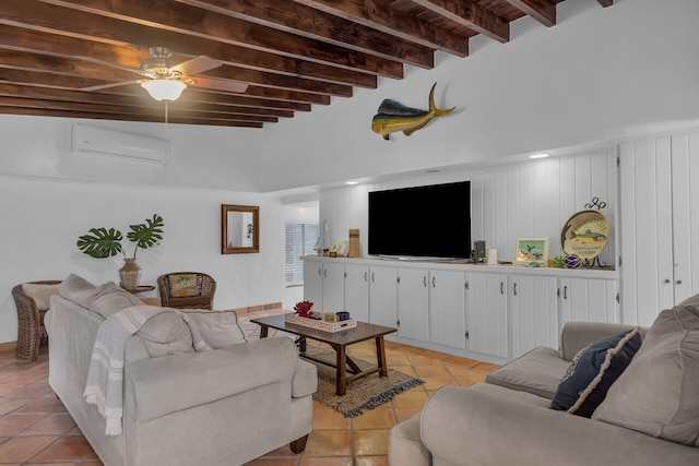 tiled living room with beamed ceiling and a wall mounted air conditioner