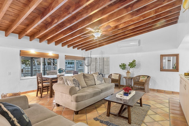 living room featuring plenty of natural light, wooden ceiling, lofted ceiling with beams, and light tile patterned floors