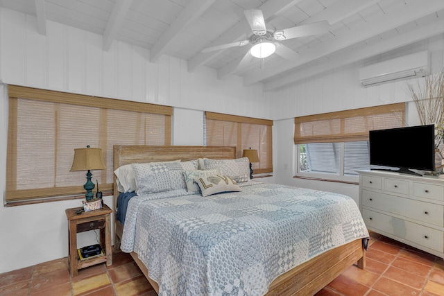 bedroom with beam ceiling, ceiling fan, wooden ceiling, and a wall unit AC