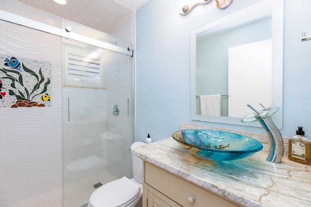 bathroom with vanity, a shower with shower door, and toilet