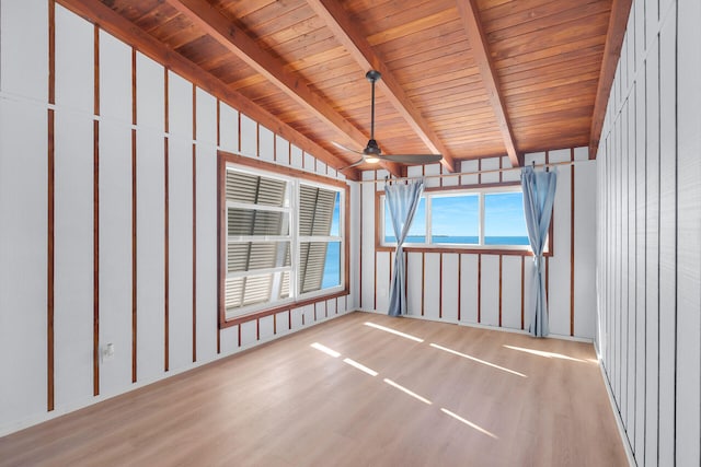 unfurnished sunroom with ceiling fan, lofted ceiling with beams, and wooden ceiling