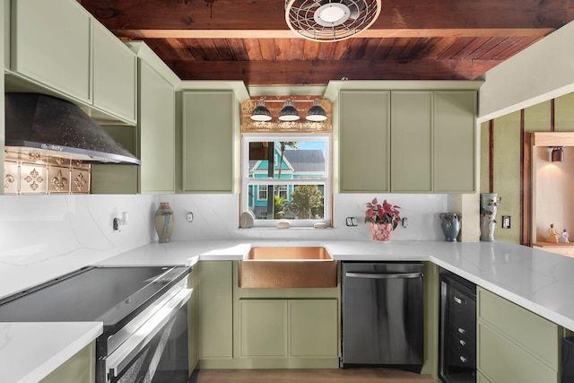 kitchen with green cabinets, wooden ceiling, and appliances with stainless steel finishes