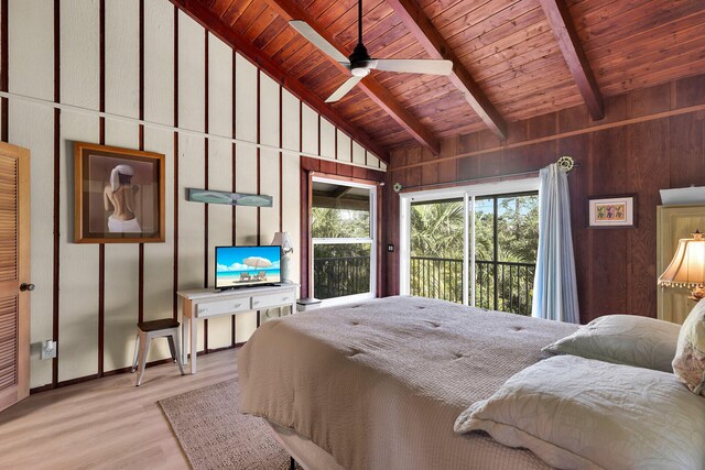 bedroom featuring light hardwood / wood-style flooring, wooden ceiling, lofted ceiling with beams, and wooden walls