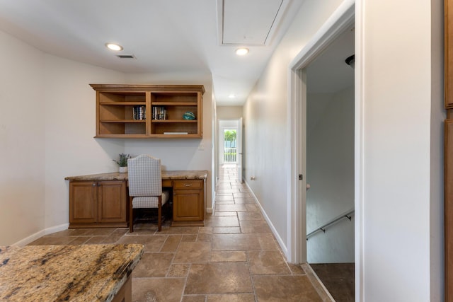 228 W Seaview Cir, Duck, FL 33050 - office area with built in desk, attic access, baseboards, stone tile floors, and recessed lighting