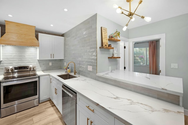 kitchen featuring custom range hood, a sink, stainless steel appliances, open shelves, and backsplash