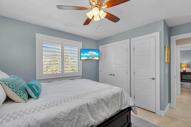 bedroom with ceiling fan and a closet