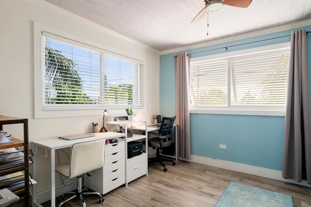 office area featuring wood ceiling, baseboards, a ceiling fan, light wood-style floors, and ornamental molding