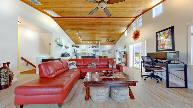 living room featuring high vaulted ceiling, hardwood / wood-style flooring, ceiling fan, track lighting, and wooden ceiling