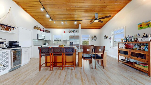 living room with high vaulted ceiling, wooden ceiling, ceiling fan, and light wood-type flooring