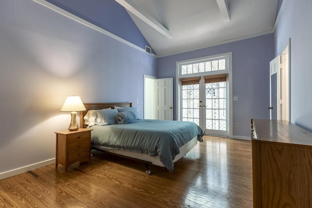 bedroom with hardwood / wood-style floors, high vaulted ceiling, beamed ceiling, access to outside, and french doors