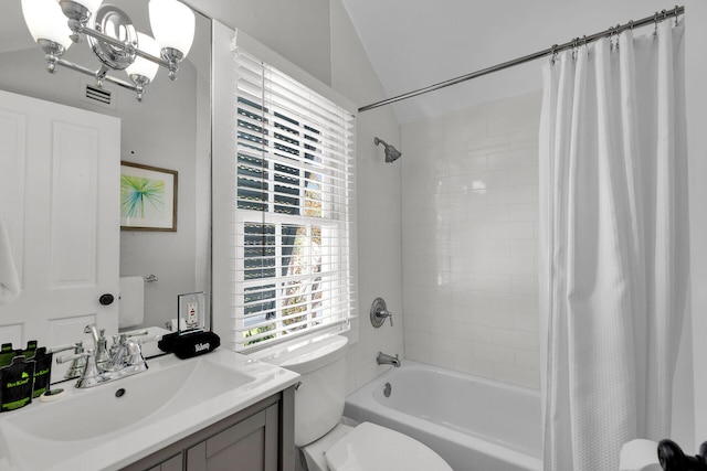 full bathroom with vanity, a notable chandelier, toilet, and shower / tub combo with curtain