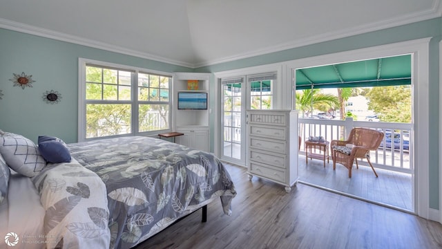 bedroom with multiple windows, crown molding, access to outside, and light wood-type flooring