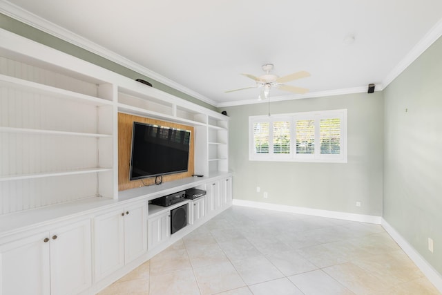 unfurnished living room featuring built in shelves, ceiling fan, ornamental molding, and light tile patterned floors