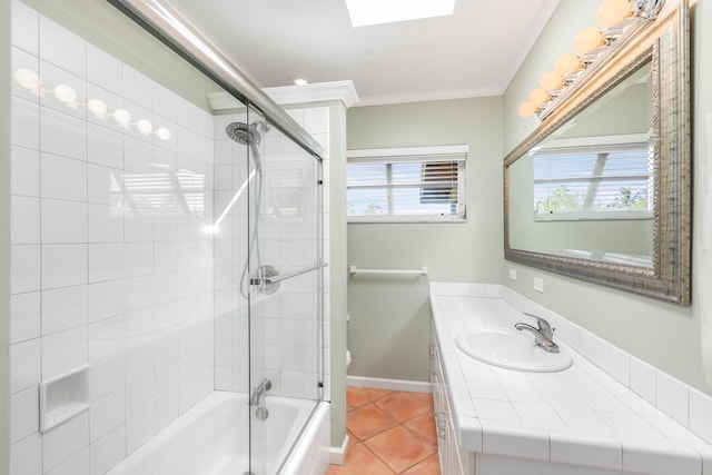 full bathroom featuring enclosed tub / shower combo, tile patterned flooring, vanity, ornamental molding, and toilet