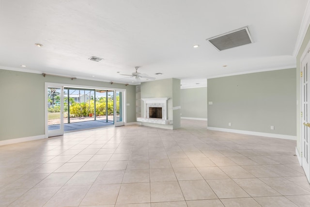 unfurnished living room with crown molding, ceiling fan, and light tile patterned flooring