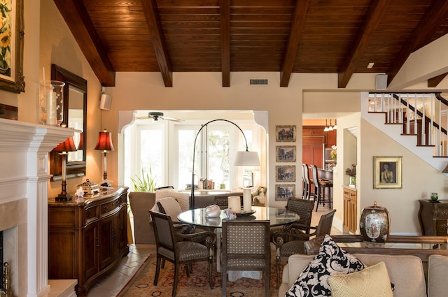 dining space with lofted ceiling with beams, light tile patterned floors, and wooden ceiling