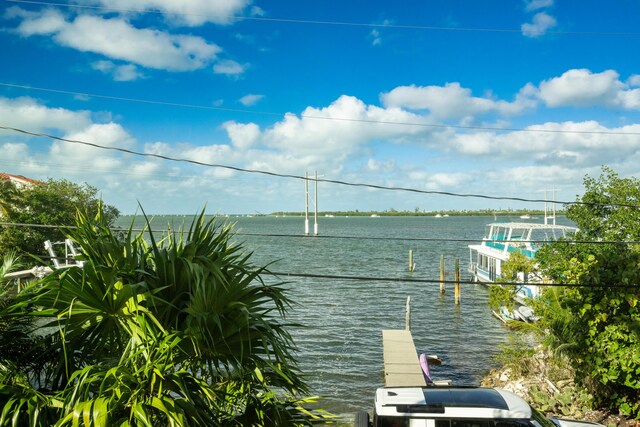 view of water feature with a dock