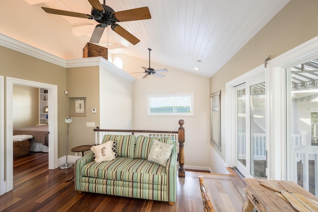 sitting room featuring vaulted ceiling, dark wood-type flooring, wood ceiling, and ceiling fan